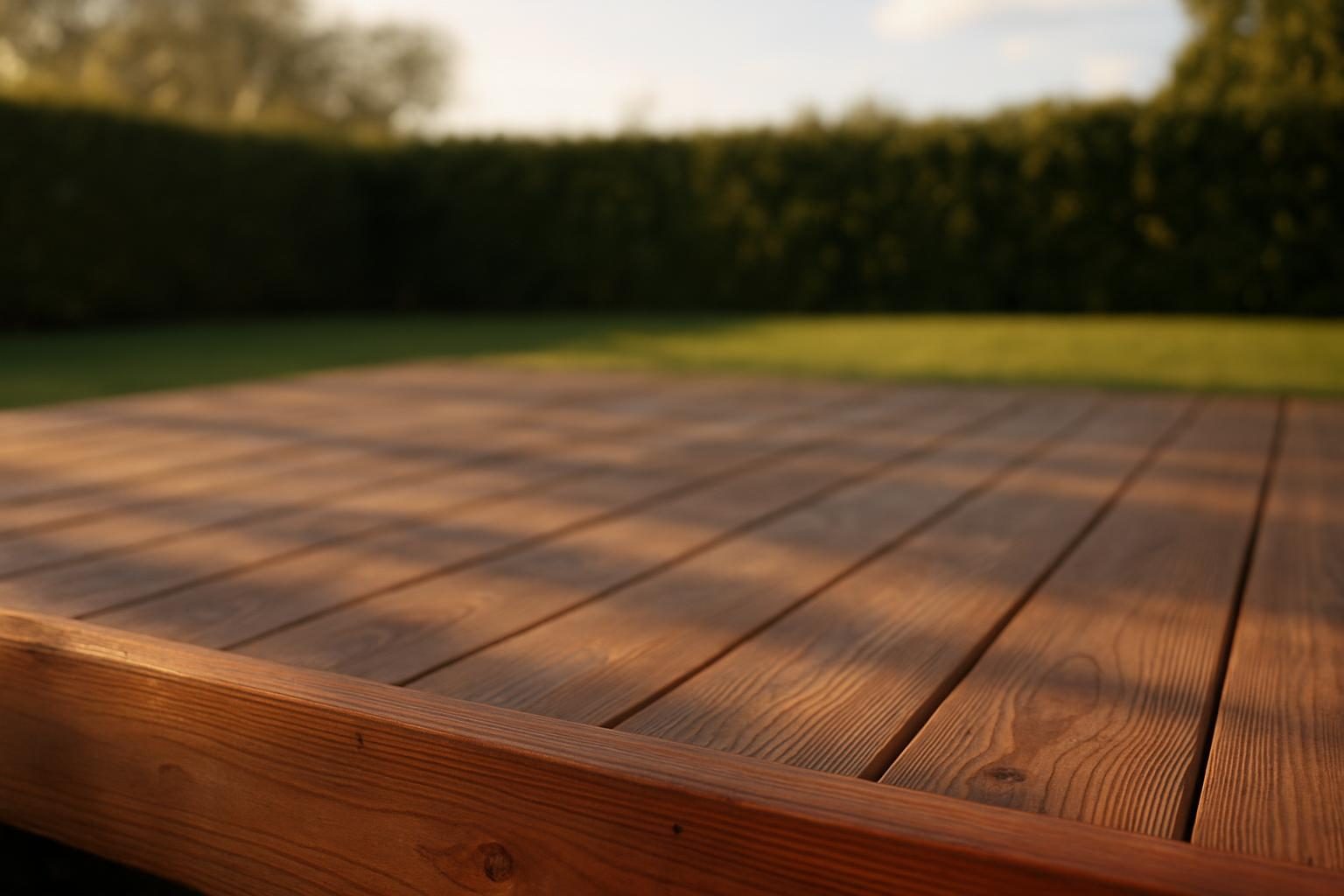 Abendlicht auf einer Holzterrasse aus Douglasienbohlen, dahinter Rasen und eine Hecke